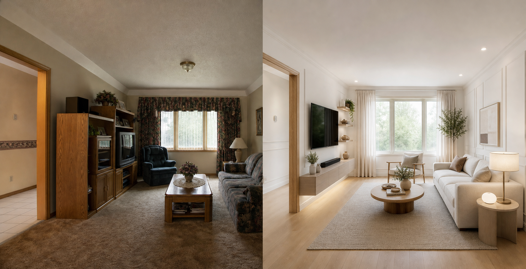 A dated living room transformed into a bright, contemporary interior