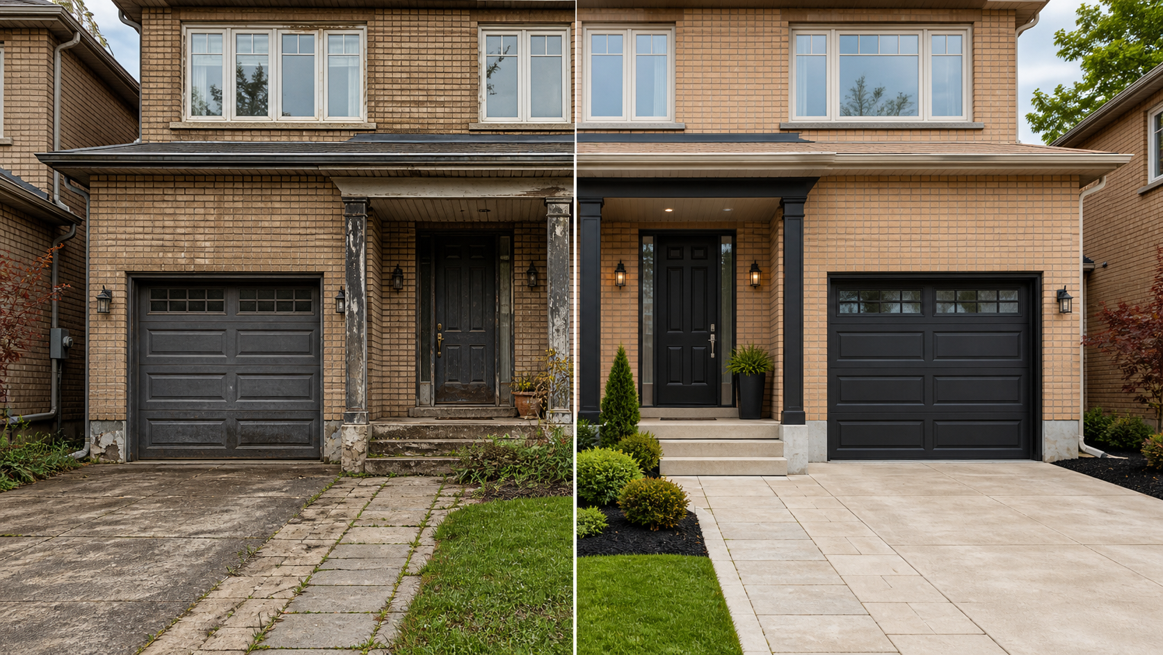 A weathered brick home restored with a clean, updated exterior